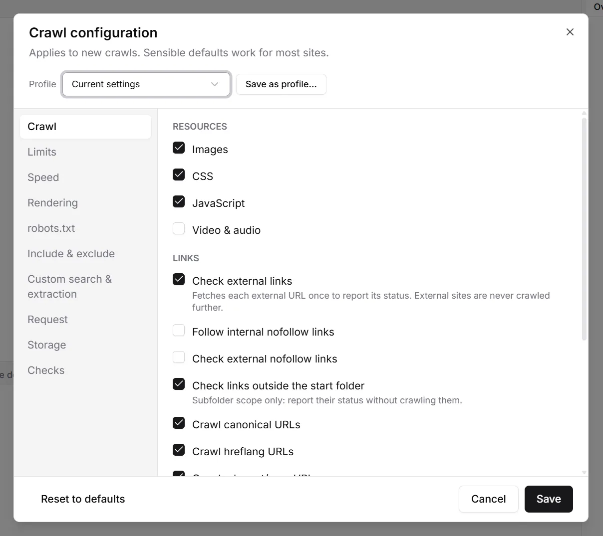 The crawl configuration dialog with its sections on the left: Crawl, Limits, Speed, Rendering, robots.txt and more.