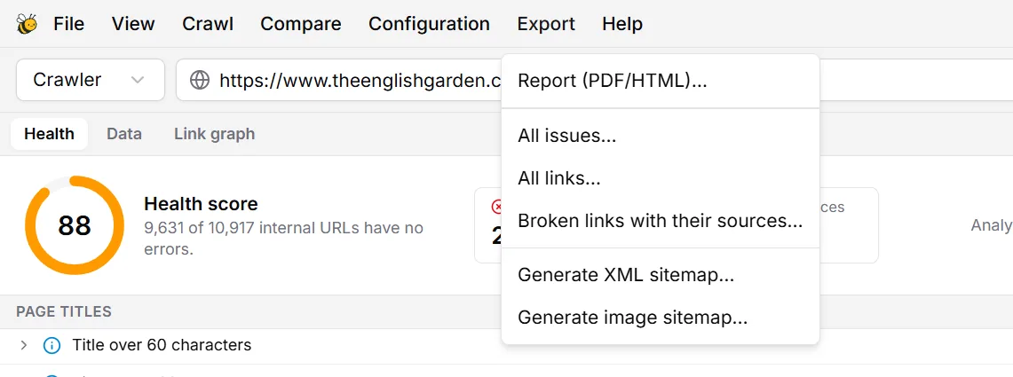 The Export menu with Report (PDF/HTML), All issues, All links, Broken links with their sources, Generate XML sitemap and Generate image sitemap.