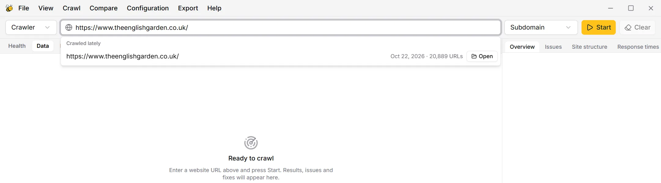 BumbleCrawl's crawl bar with a website address entered, the Subdomain scope and the Start button.