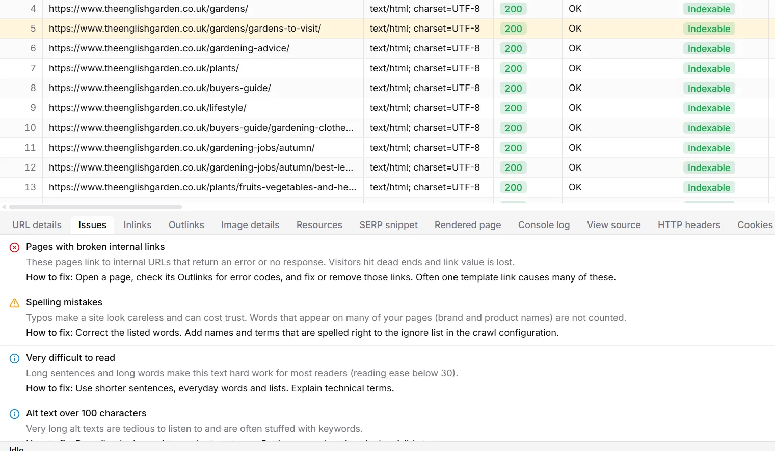 The Issues tab of a selected page: broken internal links, spelling mistakes and more, each with why it matters and how to fix it.